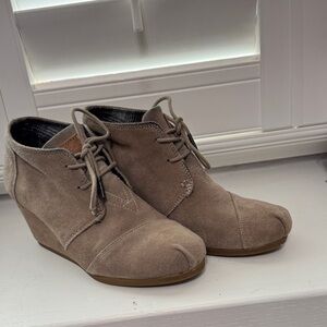 TOMS Taupe Suede Lace-Up Wedge Bootie